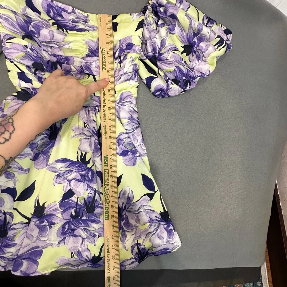 DELFI Purple Yellow Floral Puff Sleeve Sweetheart Mini Dress M Coquette Girl - Picture 4 of 11